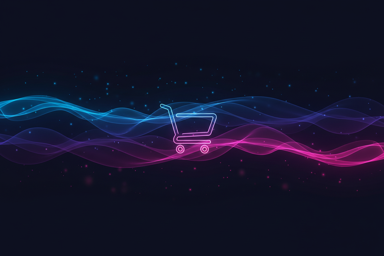 “A wide 4K futuristic digital background (aspect ratio 16:9) featuring neon blue, purple, and magenta waves flowing horizontally. In the center, place a glowing neon shopping cart icon in the same style as the NovaCart logo—blue to magenta gradient, clean, no text. The cart should be centered with lots of empty space on the left and right so the full icon stays visible on Shopify desktop. Soft light particles, minimal, high contrast, modern, HD, no extra objects.